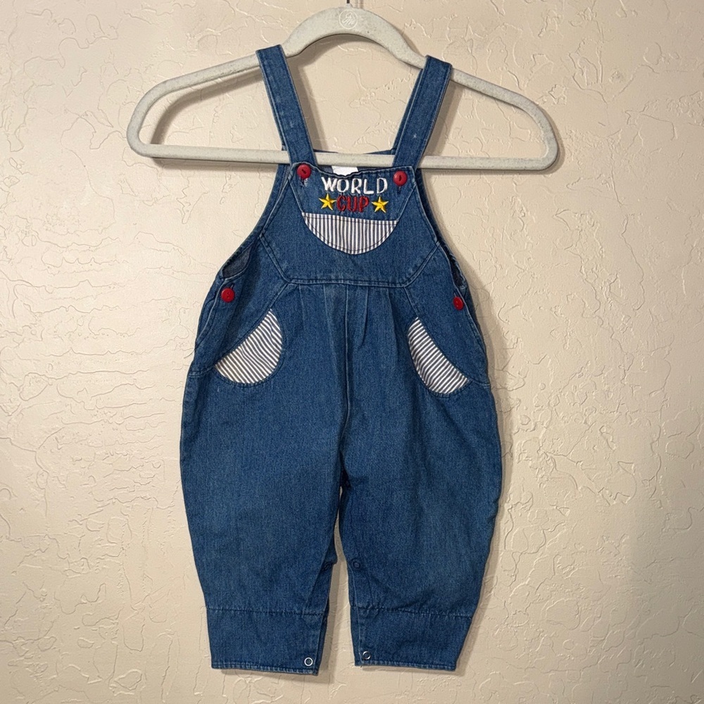 Vintage chambray World Cup toddler overalls embroidered snap closure no tag